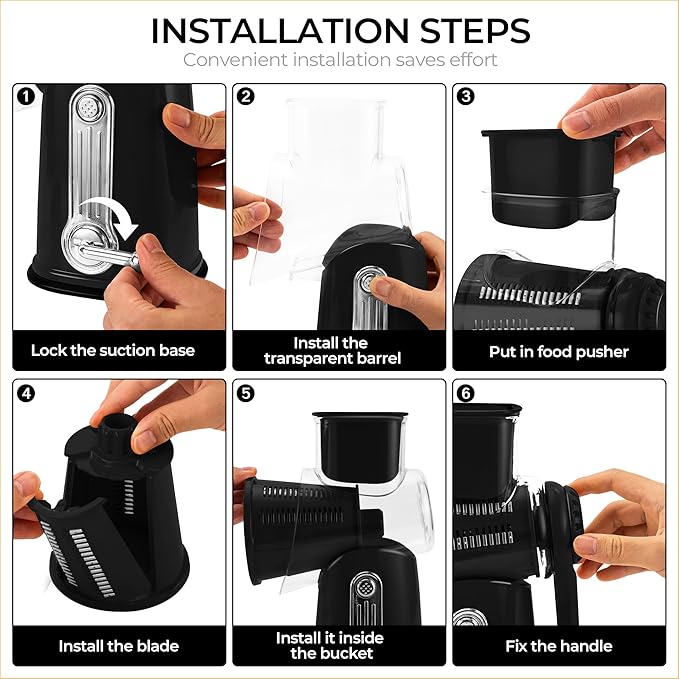 SUSTEAS Rotary Cheese Grater with Handle - Vegetable Shredder with 5 Well-designed Blades & Strong Suction Base,Round Mandoline Slicer & Food Chopper for Kitchen,with Blade Storage Box(Black)