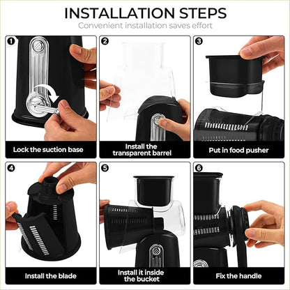 SUSTEAS Rotary Cheese Grater with Handle - Vegetable Shredder with 5 Well-designed Blades & Strong Suction Base,Round Mandoline Slicer & Food Chopper for Kitchen,with Blade Storage Box(Black)