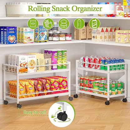 1 Pack 2-Tier Expandable Pantry Floor Organizer Cart, Rolling Pantry Storage Cart with Wheel, Adjustable Can Organizer for Kitchen Pantry, Pantry Shelves and Storage Rack for Snacks, Vegetables, White