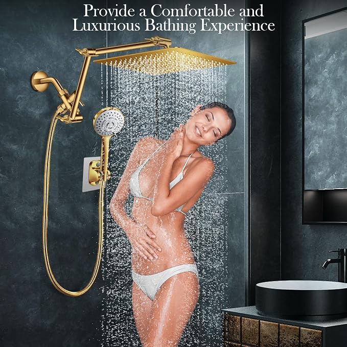 12'' Gold Rain Shower Head, High Pressure Rainfall Shower Head with 16 inch Adjustable Extension Arm，Flexible Adjust Height and Angle, 5 Setting Spray Handheld Shower Head, Anti-leak