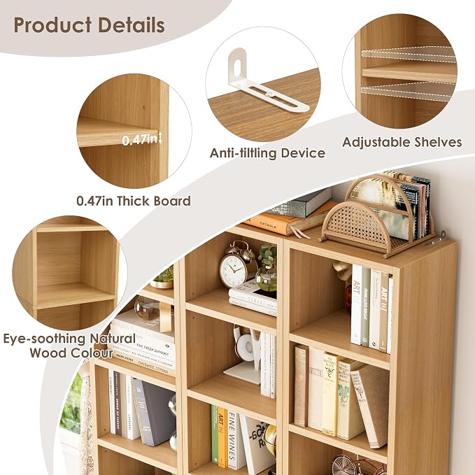 FOTOSOK 2 Pcs 71'' Tall Narrow Bookshelf, 8-Tier Media Tower Rack Set of 2, CD DVD Storage Cabinet with Adjustable Shelves, Tall Narrow Bookcase Skinny Display Bookshelf Slim Shelf, Natural
