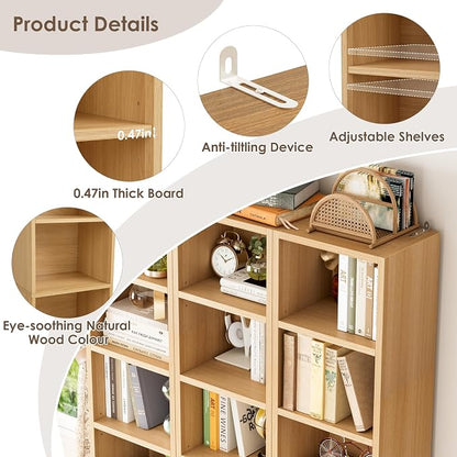 FOTOSOK 2 Pcs 71'' Tall Narrow Bookshelf, 8-Tier Media Tower Rack Set of 2, CD DVD Storage Cabinet with Adjustable Shelves, Tall Narrow Bookcase Skinny Display Bookshelf Slim Shelf, Natural