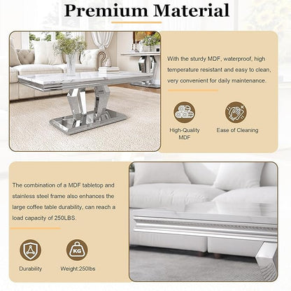 Modern Marble Coffee Table, 47" Living Room Table with Diamond-Shape Stainless Steel Base and Thickened Faux Marble Top for Living Room, Bedroom, Lounge (Silver,White)