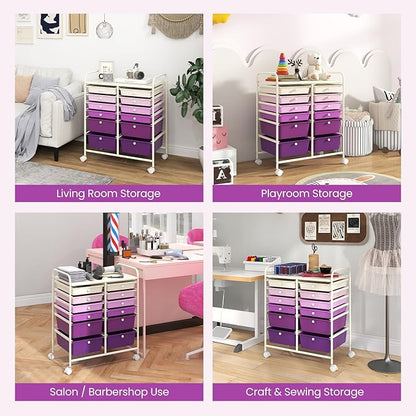 LDAILY 12 Drawer Rolling Storage Cart, Craft Cart Organizer on Wheels with Metal Frame, Large Capacity & Smooth Drawers for Living Room, Classroom, Office (Gradient Purple)