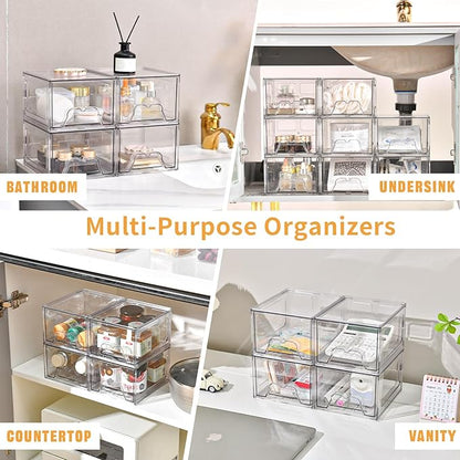 6 Pack Stackable Makeup Organizer, 4.4'' Tall Acrylic Bathroom Makeup Organizer and Storage Drawer with Pull-out Handle, Clear Plastic Storage Bins for Vanity,Pantry,Desk,Undersink,Kitchen