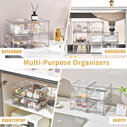 Stebopum 6 Pack Stackable Makeup Organizer, 4.4'' Tall Acrylic Bathroom Makeup Organizer and Storage Drawer with Pull-out Handle, Clear Plastic Storage Bins for Vanity,Pantry,Desk,Undersink,Kitchen