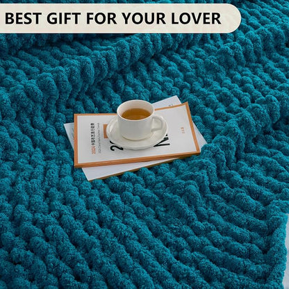 L'AGRATY Chunky Knit Blanket Throw: 60''x80'' Chenille Chunky Knitted Throw Blanket for Bed Couch - Handmade Thick Big Cable Knit Blanket - Large Crochet Rope Blankets for Home Decor(Teal)