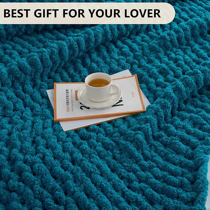 L'AGRATY Chunky Knit Blanket Throw: 50''x60'' Chenille Chunky Knitted Throw Blankets for Bed Couch - Handmade Thick Big Cable Knit Blanket - Large Crochet Rope Blankets for Home Decor(Teal)