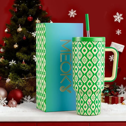 Meoky 40 oz Christmas Tumbler with Handle and Straw, Xmas Tumbler with Lid and Straw, Insulated Stainless Steel Travel Mug, Christmas Gifts for Women Men Adults (Emerald Cheer)