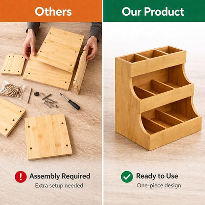 Tea bag organizer with 3-tier storage & 4 matching coasters. Fully assembled. Deluxe bamboo tea organizer for tea bags, coffee pods, condiments and pantry organization. Holds up to 180 tea bags.