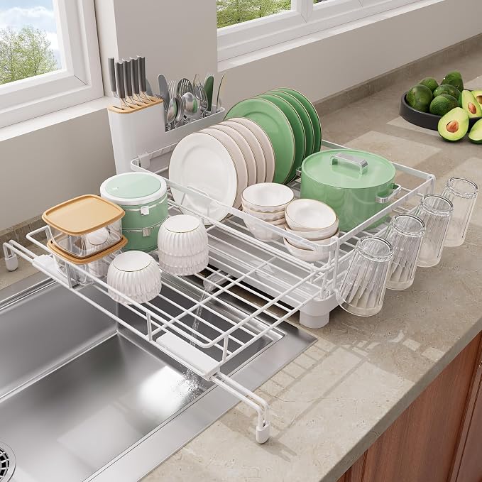 Runnatal Dish Drying Rack, Extendable Dish Rack Over Sink, Large Stainless Steel Dish Strainer with Drainboard, Utensil Holder & Cup Holder for Kitchen Counter, White