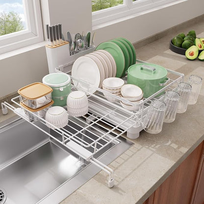 Runnatal Dish Drying Rack, Extendable Dish Rack Over Sink, Large Stainless Steel Dish Strainer with Drainboard, Utensil Holder & Cup Holder for Kitchen Counter, White