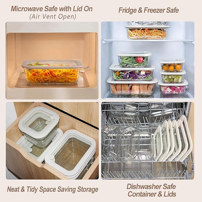 Urban Green Glass Food Storage Containers with Glass Lids, Microwave Safe Food Container Set, Airtight Meal Prep Containers, LeakProof, 100% Plastic Free, 6 Pack