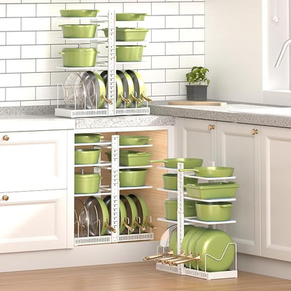 LAMU Pots and Pans Organizer under Cabinet, Pan Pot Organizers inside Cabinet with 6 Shelves and Pot Lid Organizer, Adjustable Height Up to 24", Holds up to 12 Pans, Lightweight Pots, White