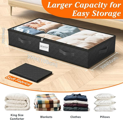 SpaceWhisper 90L Under Bed Storage Containers, 4-Pack Storage Bins with Clear Top, Foldable Closet Organizers and Storage with Label Holder for Clothing, Blankets, Comforter & Pillows(Black)