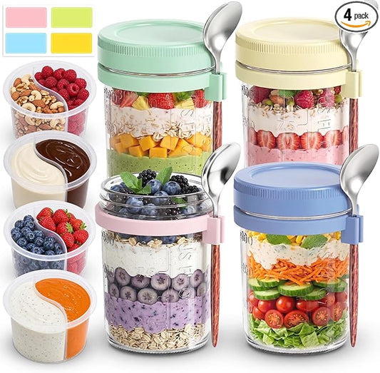 Overnight Oats Containers with Lids 4 Pack Mason Jars 16oz Glass Jar with Lid and Spoons Airtight Food Storage Containers Chia Seed Pudding Jars for Overnight Oats Parfait Yogurt Fruit Salad