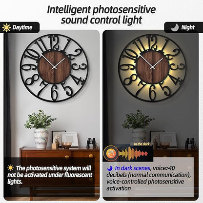 LEIKE Large Wall Clocks with Night Light Battery Operated,Silent Non Ticking,Rustic Modern Big Wood Clock for Living Room, Bedroom,Kitchen,Farmhouse,Office,Home Decor-30 Inch(Black-Arabic Number)