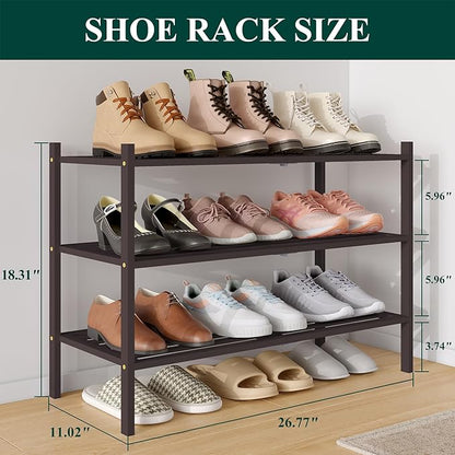 Smiry Bamboo Shoe Rack 3-Tier, Stackable Wooden Shoe Organizer for Entryway & Closet, Free Standing Wood Shoe Storage Shelf for Front Door & Small Spaces, Brown
