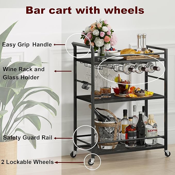 3 Tier Bar Cart, Small Beverage Cart, Mini Bar Cart with Wine Rack, Home Bar Serving Cart with Wheels for Kitchen Dining Living Room (Black, General)
