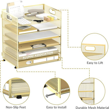 Daltack 6 Tier Paper Organizer for Desk, Paper Letter Tray Organizer for Desks, Mesh Desk File Organizers with Handle for Office, Home, School, Gold