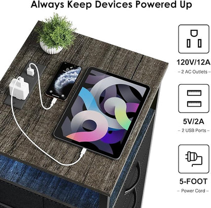 Fixwal Night Stand with Charging Station, LED Nightstand with U-S-B Ports and Outlets, 3 Fabric Storage Drawers with PU Finish, Bed Side Table, Charcoal Gray