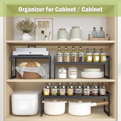 DOLALIKE Expandable kitchen Countertop Organizer, Stackable Cabinet Shelf Organizers, Space Saving Spice Rack Pantry Storage for Bathroom Office (Black, 1 Pack)