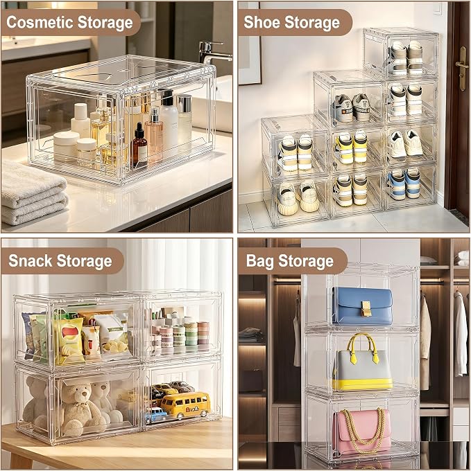 BVBOX Acrylic Shoe Storage Boxes with Magnetic Door - 360° Clear Stackable Shoe Display Box Set, Plastic Shoe Cabinet Rack Box for Sneakers Heels Shoes (1, Clear, L - Front Open)