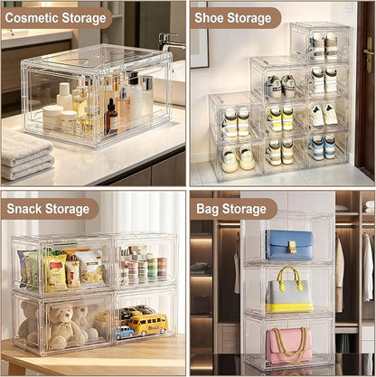 BVBOX Acrylic Shoe Storage Boxes with Magnetic Door - 360° Clear Stackable Shoe Display Box Set, Plastic Shoe Cabinet Rack Box for Sneakers Heels Shoes (1, Clear, L - Front Open)
