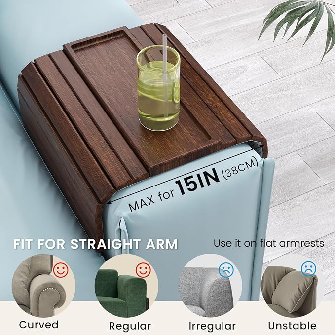 Sofa Arm Tray,Bamboo Folding Couch Arm Tray,Sofa Armrest Tray with Anti-Slip Pad for Drinks,Snacks,Phone,Remote Control（Brown）