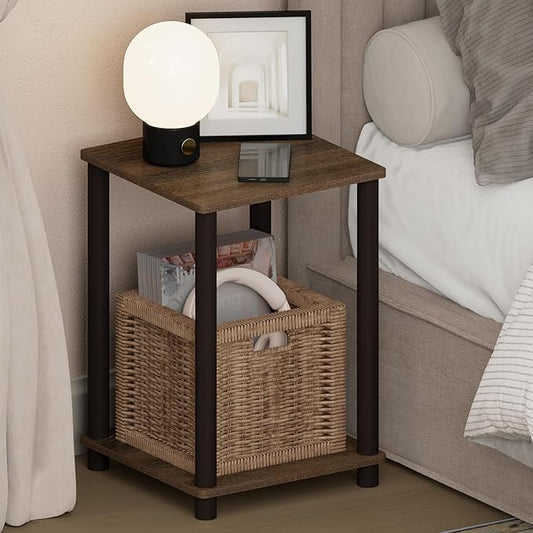 Furinno Turn-N-Tube Night Stand, 2-Tier Open Shelf Design Nightstand, Toolless Square Bedside Table, End Table, Side Table, for Bedroom, Closet, Dorm, Walnut