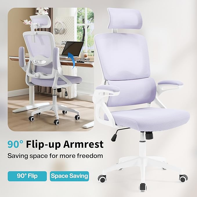 Ergonomic Office Chair,Mesh Office Chair with Lumbar Support,High Back Desk Chair with Flip-up Arms,400 lbs Big and Tall Computer Chair with Headrest,Comfy Desk Chairs (Lavender)
