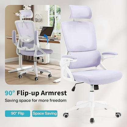 Ergonomic Office Chair,Mesh Office Chair with Lumbar Support,High Back Desk Chair with Flip-up Arms,400 lbs Big and Tall Computer Chair with Headrest,Comfy Desk Chairs (Lavender)