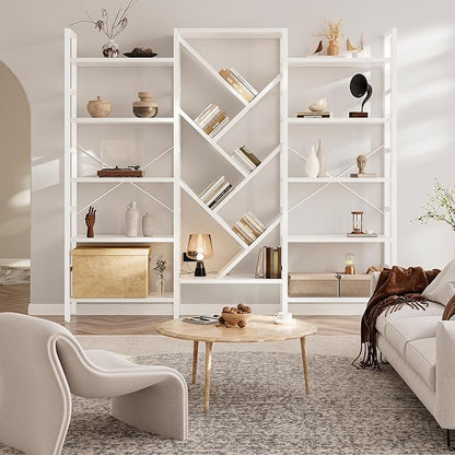 INNOD 70" Triple 5 Tier Book Shelf, Large Wooden Bookcase with 17 Open Display Shelf, Modern Tree Bookshelf Metal Frame Tall Bookshelf Furniture for Living Room Bedroom Home Office White