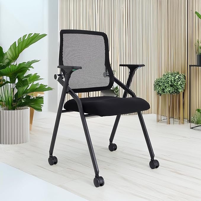 Updated Conference Room Chairs, Folding Office Desk Chair with Lumbar Support and Sliding Armrest with Casters, Stackable Office Guest Chairs & Reception Chairs, 10 Pack Black