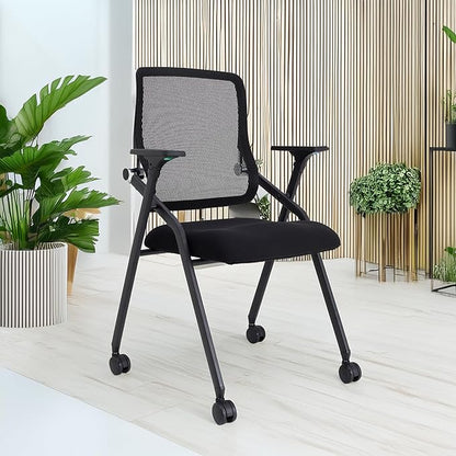Updated Conference Room Chairs, Folding Office Desk Chair with Lumbar Support and Sliding Armrest with Casters, Stackable Office Guest Chairs & Reception Chairs, 10 Pack Black