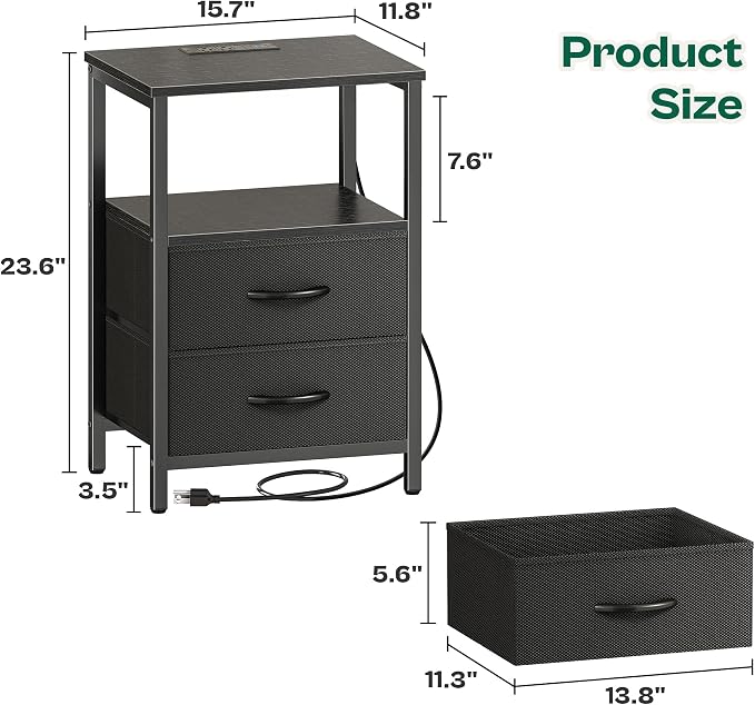 Huuger Night Stand with Charger Station and LED Lights, 2 Drawer Nightstand, Bed Side Table with Open Shelf, End Table, Fabric Drawers for Bedroom, Black