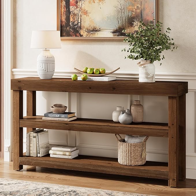 Solid Wood Entry Console Table, 63-Inch Narrow Sofa Table Behind The Couch, Entryway Furniture with Storage Shelves for Hallway Foyer Living Room, Dark Brown