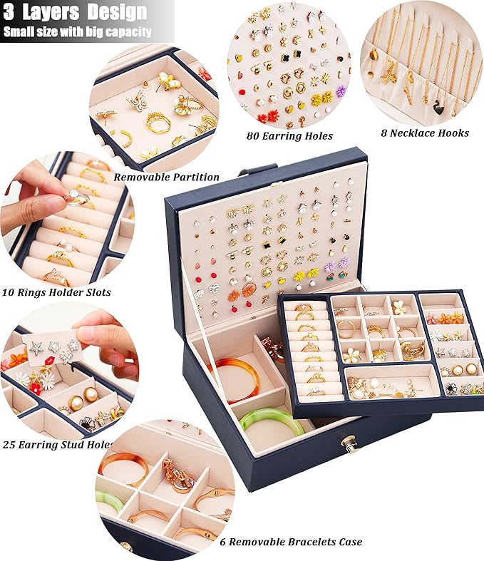 QBestry Womens Earring Jewelry Box for Girls Jewelry Earrings Organizer Box Earring Holder Organizer for Girls Jewelry Organizer Boxes for Women Girls Stud Earrings Organizers Jewelry Box Navy