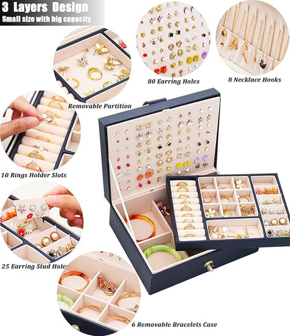 QBestry Womens Earring Jewelry Box for Girls Jewelry Earrings Organizer Box Earring Holder Organizer for Girls Jewelry Organizer Boxes for Women Girls Stud Earrings Organizers Jewelry Box Navy
