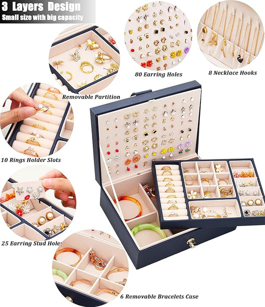 QBestry Womens Earring Jewelry Box for Girls Jewelry Earrings Organizer Box Earring Holder Organizer for Girls Jewelry Organizer Boxes for Women Girls Stud Earrings Organizers Jewelry Box Navy