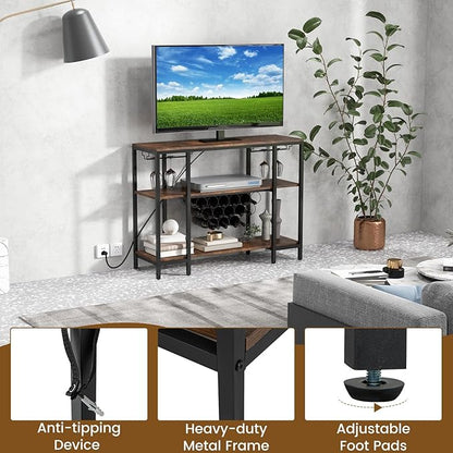 COSTWAY Wine Bar Cabinet, 3-Tier Home Mini Bar for Liquor w/Power Outlets, Glass Holder, Wine Rack, Anti-Tipping Kit, Metal Coffee Bar Table for Home Apartment Kitchen Living Room Pub (Brown)