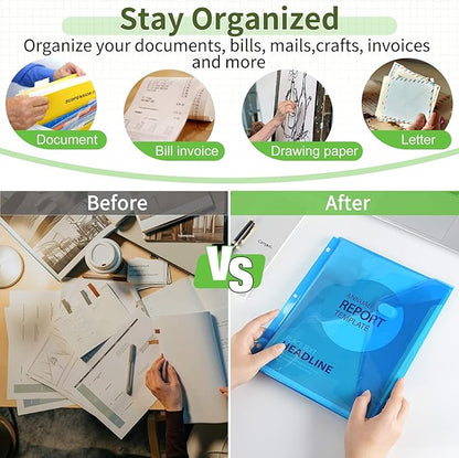 Sooez 12 Pack Binder Folders Organizer with Staggered Closures, Super Heavyweight Binder Pockets for 3 Ring Binder, High Capacity Binder Pouch, Side Loading, School Supplies, Letter Size, 4 Colors