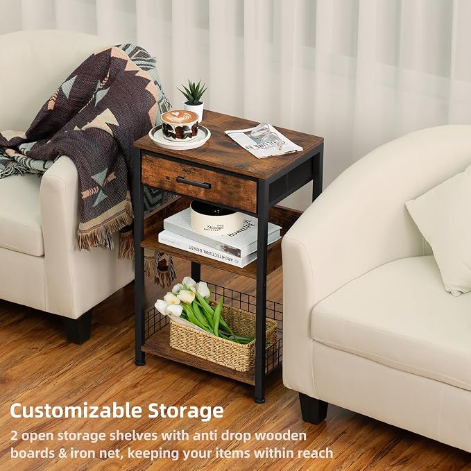 Lerliuo End Table with Fabric Drawer,3 Tier Industrial Wood Side Table with Storage,Modern Tall Printer Stand,Vintage Brown Nightstand,Rustic Bedside Tables for Living Room Bedroom Small Spaces