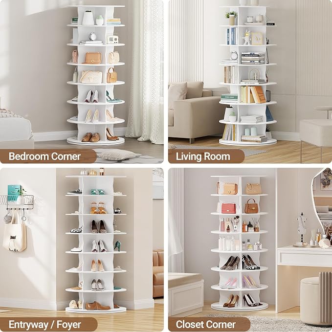 7-Tier Rotating Standing Shelf Unit with Dividers, 360° Storage Display Tower Vertical Floor Organizer, for Bedroom, Closet, Entryway & Office, Ideal for Shoes, Cosmetics & Handbags, White