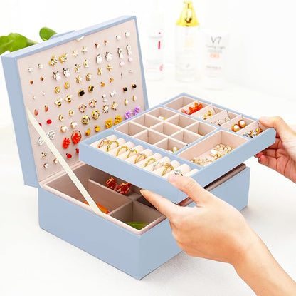QBestry Girls Jewelry Box Earring Holder Organizer for Girls Jewelry Organizer Box Stud Earrings Organizer for Girls Womens Blue Jewelry Box for Earrings and Necklaces Rings Stud Earrings Box for Teen