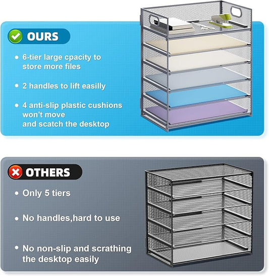 Marbrasse 6 Tier Paper Organizer Letter Tray - Mesh Desk File Organizer with Handle, Paper Sorter for Letter/A4 Office File Folder Holder - Grey