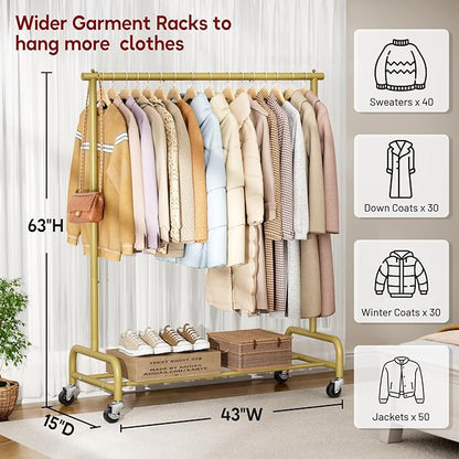 SLEEPING LAMB Heavy Duty Clothes Racks for Hanging Clothing Rack, 43" Wide Rolling Garment Rack Metal Wardrobe Rack with Wheels Closet Hanger Rack for Coats, Shirts, Dress (Gold)