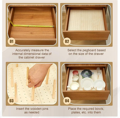 Kigley 12 Pcs Pegboard Drawer Organizer with 96 Drawer Peg Wood Peg Board Wooden Kitchen Plate Organizer for Dishes Food Containers Cookware Utensils(17 Inch,Wood Color)