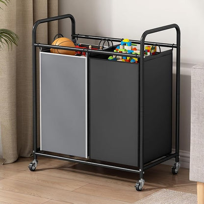 SUOERNUO Laundry Sorter Basket 2 Bag Laundry Hamper Cart with Rolling Lockable Wheels and Removable Bags Laundry Organizer Cart for Clothes Storage
