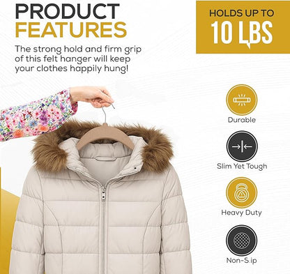 50 Pack New Premium Quality Velvet Hangers Ultra Thin Non Slip Adult Felt Space Saving Hangers for Closet Heavy Duty Coat Pants Dress Hangers 360° Swivel Hook Hold Upto 10 lbs Warm Taupe